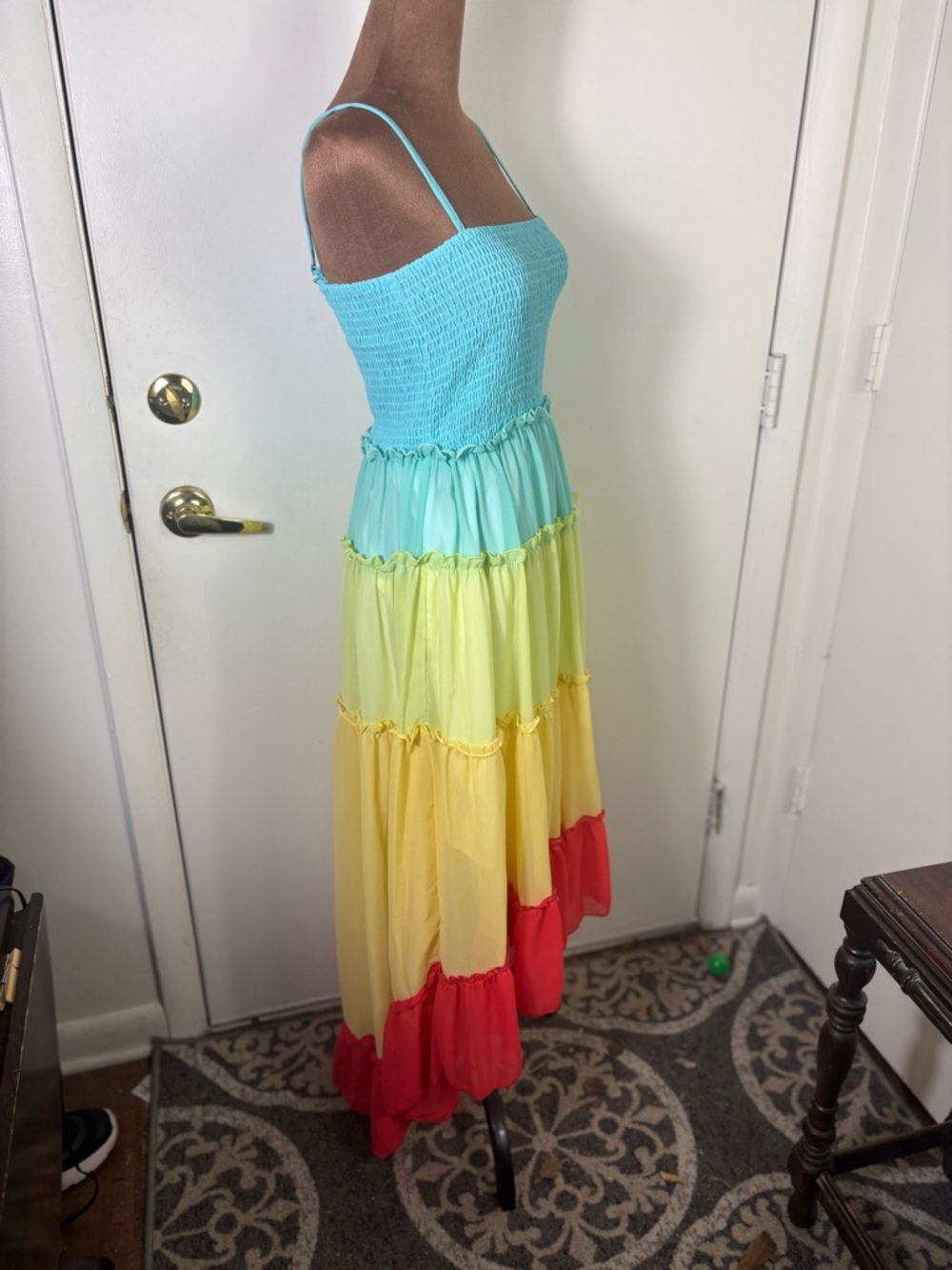 Women’s Sz M lined Hi-Low Tiered Ombre Smocked Maxi Dress in Aqua, Yellow & Red - Picture 2 of 9
